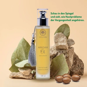 Das ARGANIM Arganöl bietet hochwertige Pflege für Haut, Haare und Nägel. Es ist ideal für trockene, beschädigte oder schuppige Haut und hilft bei verschiedenen Hautproblemen wie Akne, Ekzemen und Rötungen.