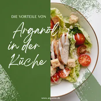 Arganim reines Arganöl neben einer Schüssel mit frischem Salat, betonend, wie das Öl als gesundes Dressing in der Küche verwendet wird.