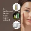 Arganim Hautpflege Big Premium set mit Arganöl, Reinigungsgel und Ghassoul-Maske neben einem Gesicht einer Frau – natürliche Pflege für schnelle Hautverbesserung.