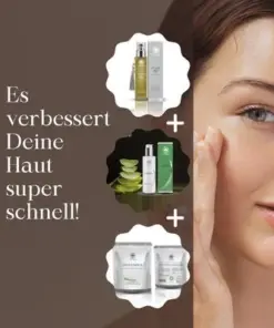 Arganim Hautpflege Big Premium set mit Arganöl, Reinigungsgel und Ghassoul-Maske neben einem Gesicht einer Frau – natürliche Pflege für schnelle Hautverbesserung.