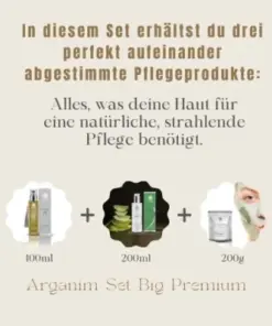 Arganim Set Big Premium mit Arganöl 100 ml, Reinigungsgel 200 ml und Ghassoul-Maske 200 g – drei perfekt abgestimmte Pflegeprodukte für natürlich strahlende Haut.